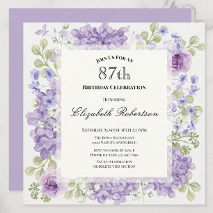 87th Birthday Invitation Elegant Purple Flowers