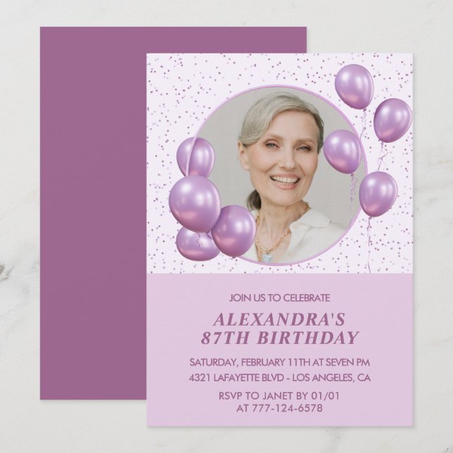 87th birthday invitations Photo Purple Balloons (Front/Back)