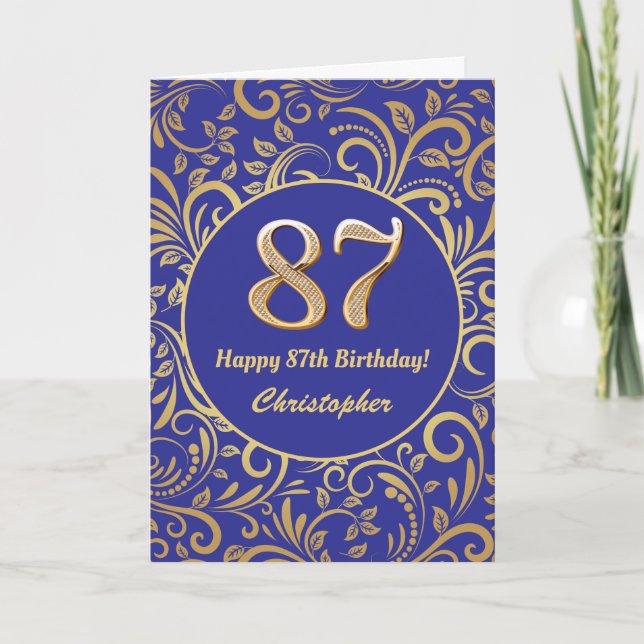 87th Birthday Navy Blue and Gold Floral Pattern Card (Front)