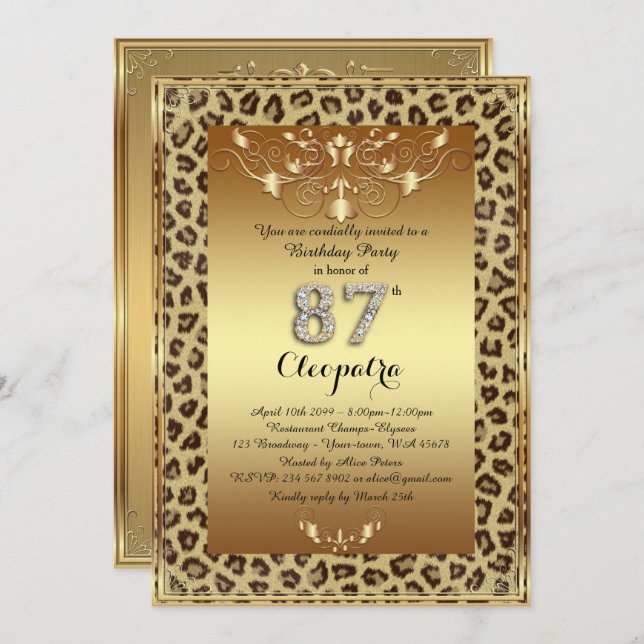 87th, Birthday Party 87th, Royal Cheetah gold plus Invitation (Front/Back)