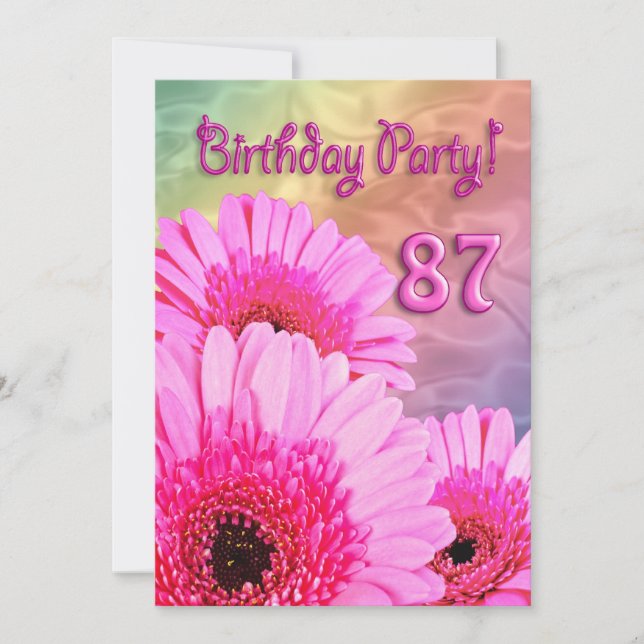 87th Birthday party invitation with pink flowers (Front)