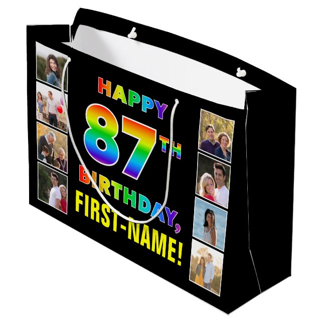 87th Birthday: Rainbow Text, Custom Photos & Name Large Gift Bag (Back Angled)