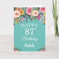 87th Birthday Watercolor Floral Flowers Teal