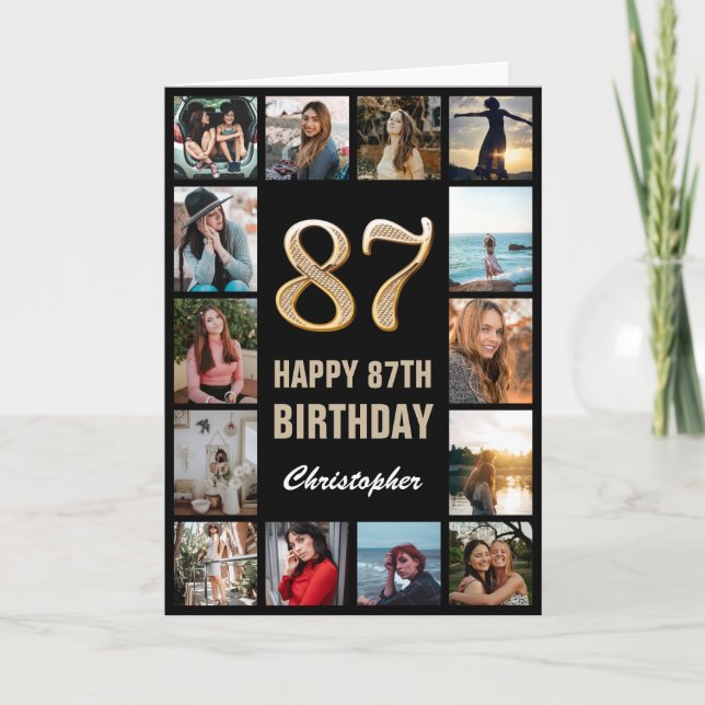 87th Happy Birthday Black and Gold Photo Collage Card (Front)