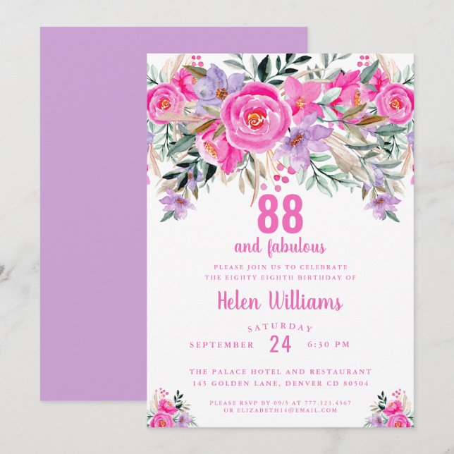 88 and fabulous pink 88th birthday invitation (Front/Back)