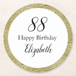 88th Birthday Black White and Gold Round Paper Coaster