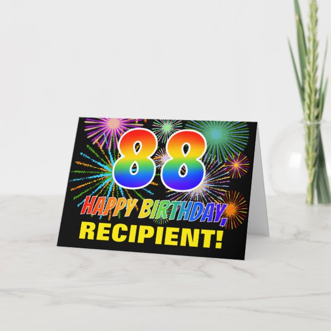 88th Birthday: Bold, Fun, Fireworks, Rainbow 88 Card (Front)