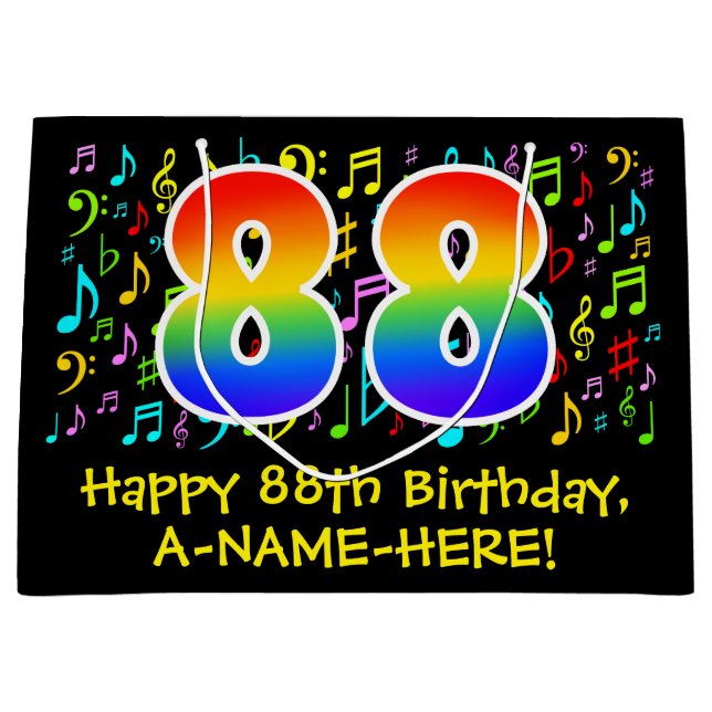 88th Birthday - Colourful Music Symbols, Rainbow 8 Large Gift Bag (Front)