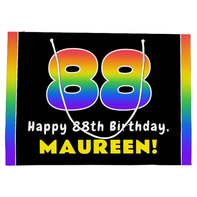 88th Birthday: Colourful Rainbow # 88, Custom Name Large Gift Bag (Back)