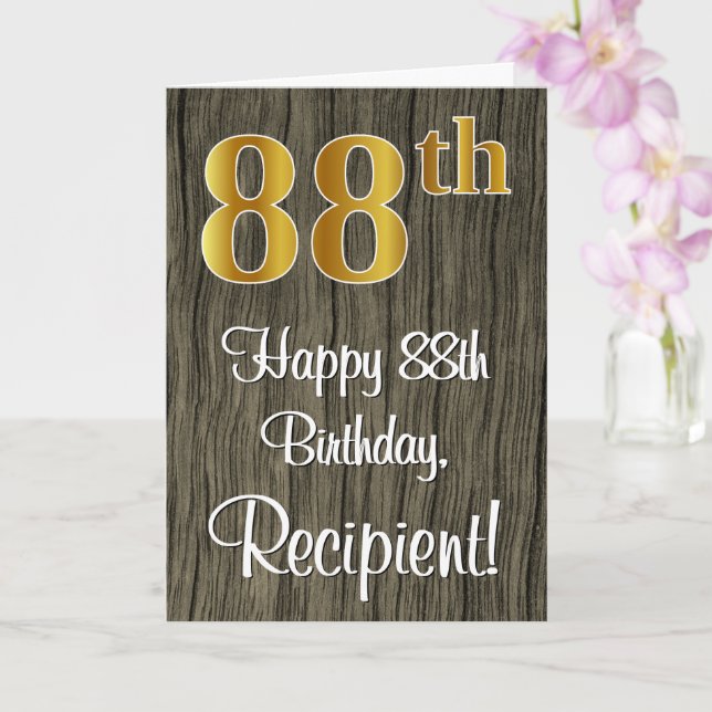 88th Birthday: Elegant Faux Gold Look #, Faux Wood Card (Orchid)