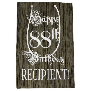 88th Birthday: Fancy, Faux Wood Look + Custom Name Medium Gift Bag