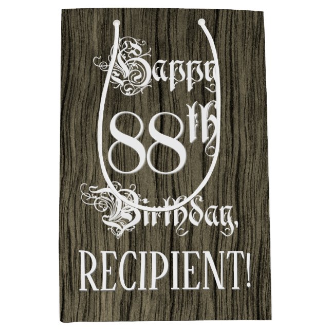 88th Birthday: Fancy, Faux Wood Look + Custom Name Medium Gift Bag (Front)