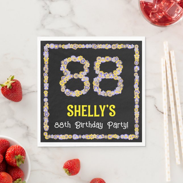 88th Birthday: Floral Flowers Number, Custom Name Napkin (Insitu)