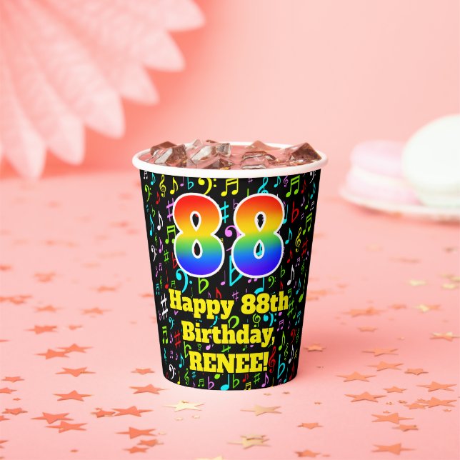 88th Birthday: Fun Music Notes Pattern, Rainbow 88 Paper Cups (Insitu)