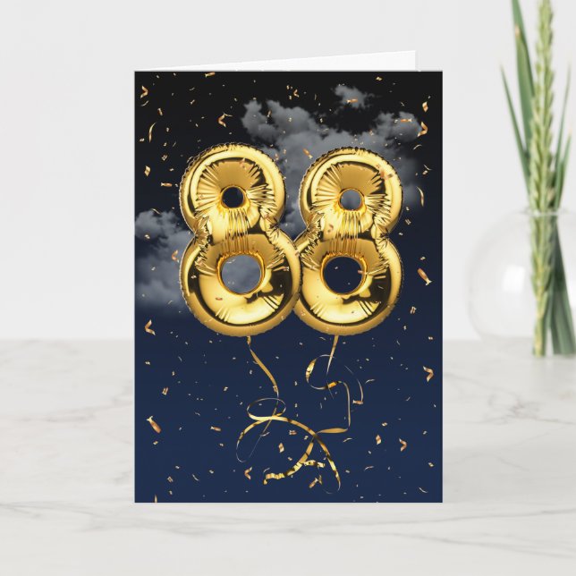 88th Birthday Gold Mylar Balloon and Confetti Card (Front)