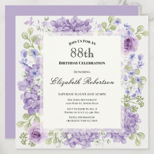 88th Birthday Invitation Elegant Purple Flowers
