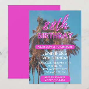 88th birthday invitation Summer Pink Palm tree