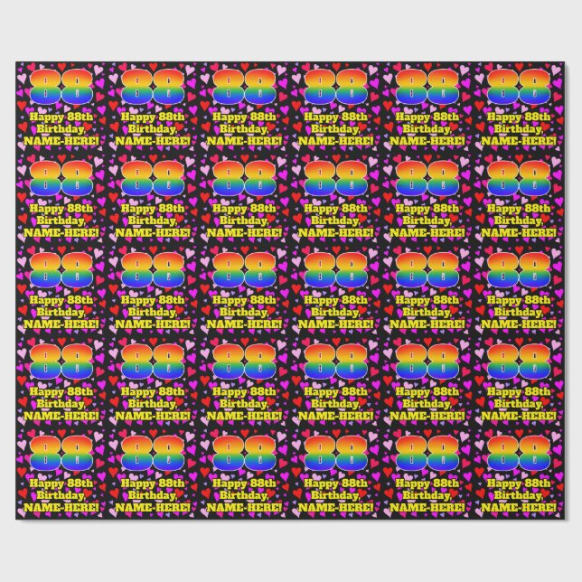 88th Birthday: Loving Hearts Pattern, Rainbow # 88 Wrapping Paper (Flat)