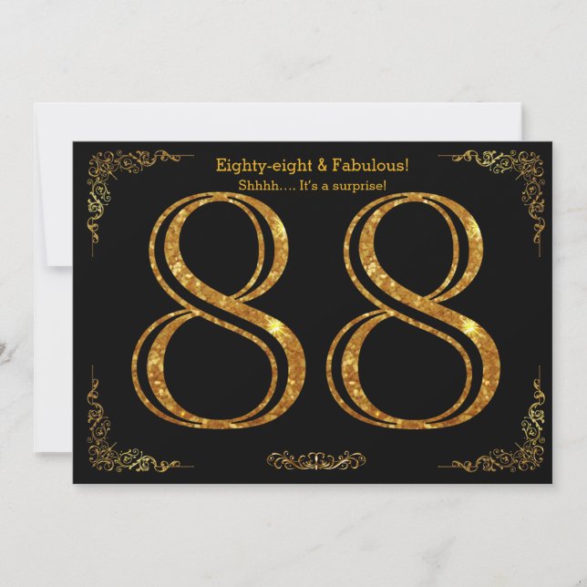 88th Birthday party,Gatsby styl,black gold glitter Invitation (Front)