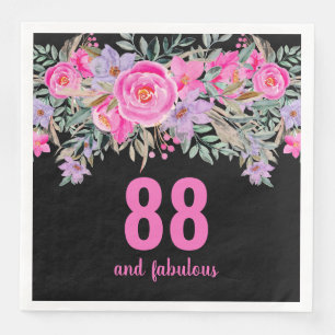 88th birthday pink black floral party napkins