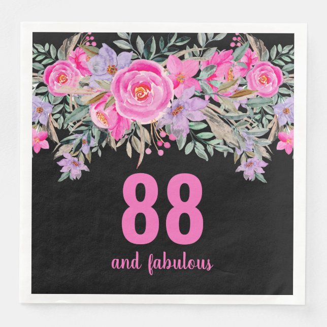 88th birthday pink black floral party napkins (Front)