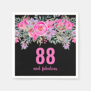 88th birthday pink black floral party napkins