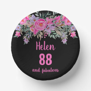88th birthday pink black watercolor floral paper plate