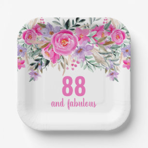 88th birthday pink floral paper plate
