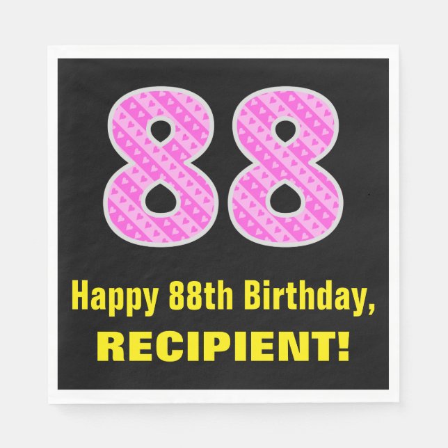 88th Birthday: Pink Stripes and Hearts "88" + Name Napkin (Front)