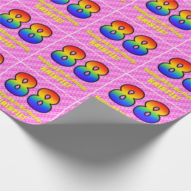 88th Birthday: Pink Stripes & Hearts, Rainbow # 88 Wrapping Paper (Corner)