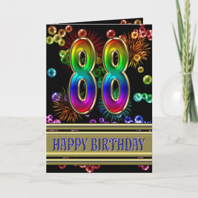 88th Birthday with rainbow bubbles and fireworks Card (Front)