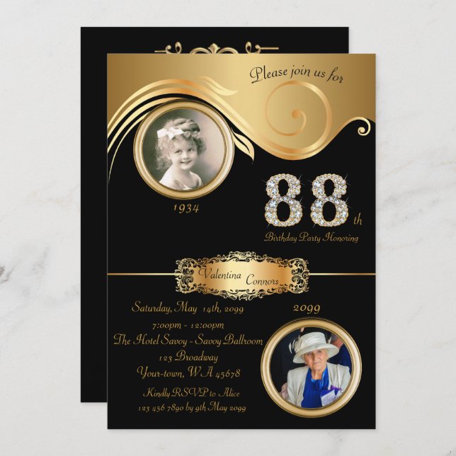 88th,Birthday Woman 88th,elegant art deco,black Invitation (Front/Back)