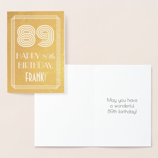 89th Birthday – Art Deco Inspired Look "89" + Name Foil Card (Display)