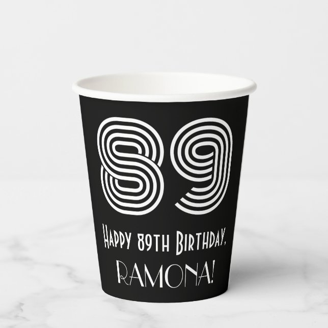 89th Birthday — Art Deco Inspired Look “89” + Name Paper Cups (Back)