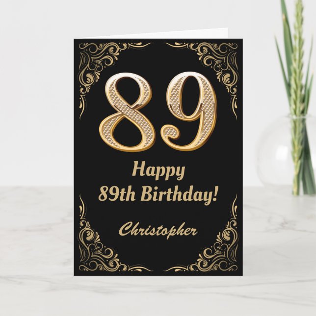 89th Birthday Black and Gold Glitter Frame Card (Front)