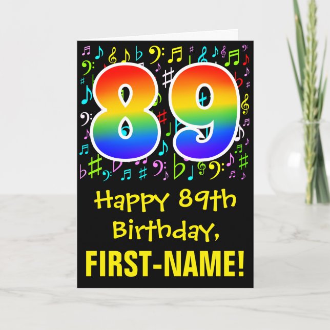 89th Birthday: Colorful Music Symbols + Rainbow 89 Card (Front)