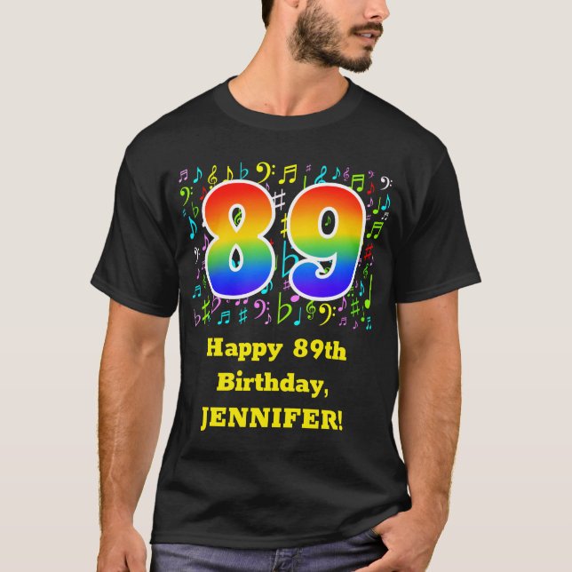 89th Birthday: Colourful Music Symbols, Rainbow 89 T-Shirt (Front)