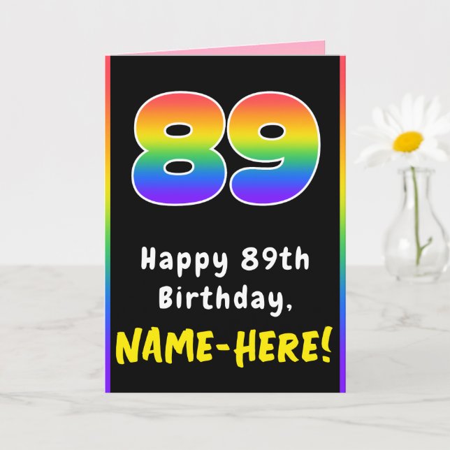 89th Birthday: Colourful Rainbow # 89, Custom Name Card (Small Plant)