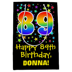 89th Birthday: Colourful Stars Pattern & Rainbow 8 Medium Gift Bag