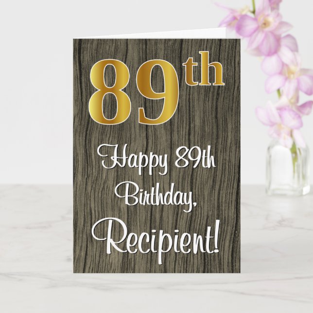 89th Birthday: Elegant Faux Gold Look #, Faux Wood Card (Orchid)