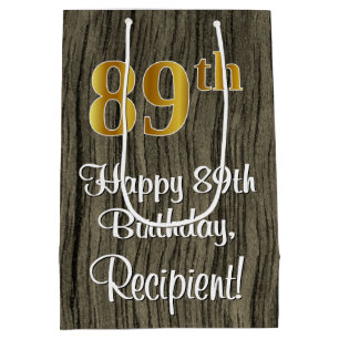89th Birthday: Elegant Faux Gold Look #, Faux Wood Medium Gift Bag