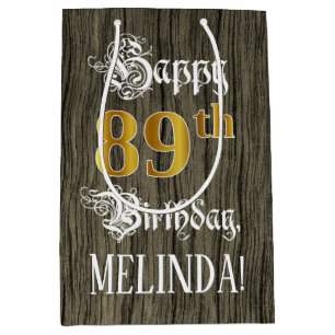 89th Birthday: Faux Gold Look & Faux Wood Pattern Medium Gift Bag