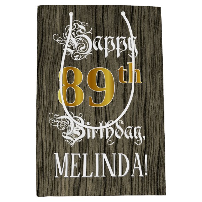 89th Birthday: Faux Gold Look & Faux Wood Pattern Medium Gift Bag (Front)