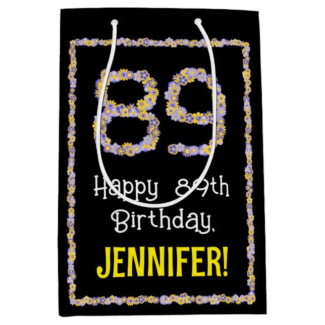 89th Birthday: Floral Flowers Number, Custom Name Medium Gift Bag (Front)