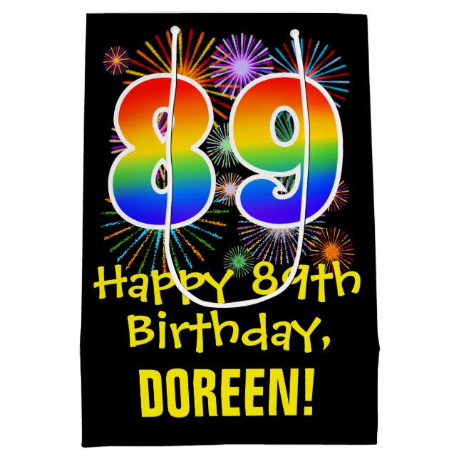 89th Birthday: Fun Fireworks Pattern + Rainbow 89 Medium Gift Bag (Back)