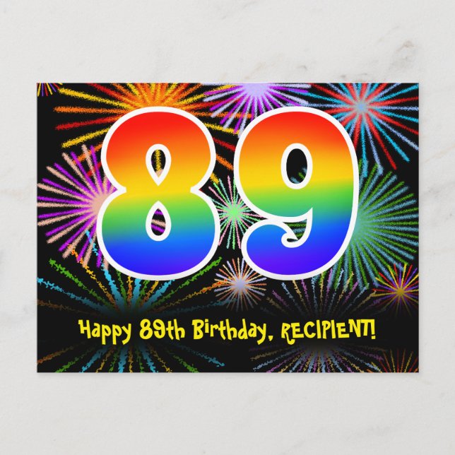 89th Birthday – Fun Fireworks Pattern + Rainbow 89 Postcard (Front)