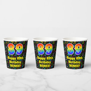 89th Birthday: Fun Music Notes Pattern, Rainbow 89 Paper Cups