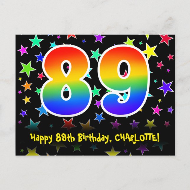 89th Birthday: Fun Stars Pattern, Rainbow 89, Name Postcard (Front)