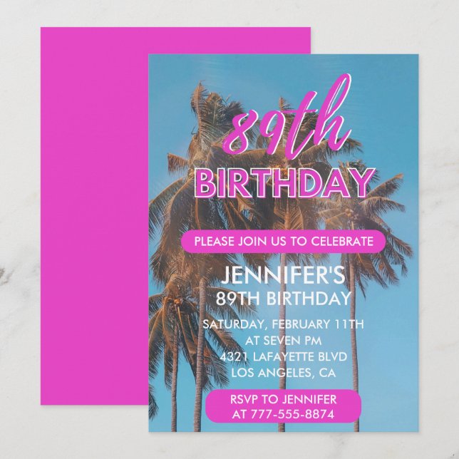 89th birthday invitation Summer Pink Palm tree (Front/Back)