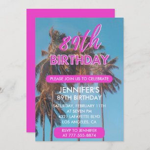 89th birthday invitation Summer Pink Palm tree
